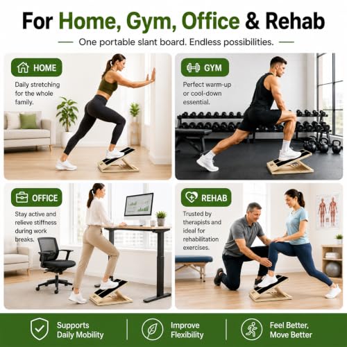 MUCITAGF Portable Wooden Slant Board, 13” Wide Calf Stretch Board, 4 Angles | Adjustable Incline Board, Non-Slip, Ideal for Plantar Fasciitis Relief, Stretching & Squats, Beginner & Rehab Friendly