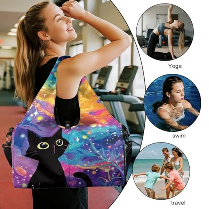 Gym Bag with Yoga Mat Holder Large Tote Bag With Multi Pockets for Women Men Dry Wet Separated Pocket Carryall Yoga Tote Bag for Pilates Travel Workout Office - color: Cosmic Starry Sky