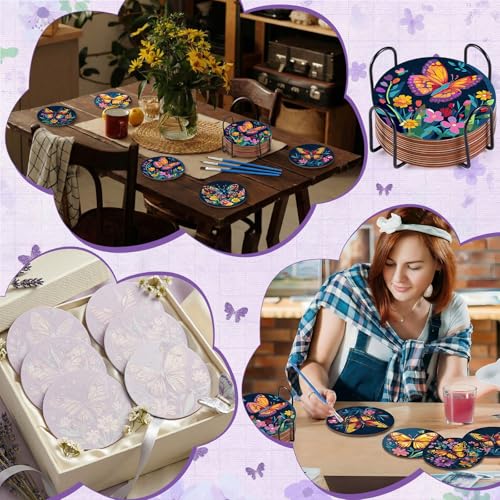 Reallnaive 8 Pcs Butterfly Flower Paint by Numbers Kit Coaster for Adults | Mini Paint by Numbers, Tiny Floral Round Oil Painting Drink Coaster with Holder, for Small DIY Craft Birthday Gift - style: Butterfly Flowers