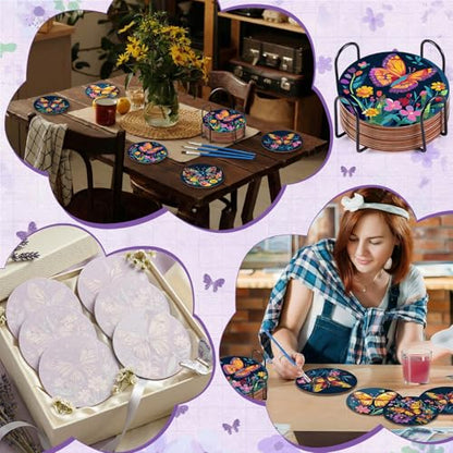 Reallnaive 8 Pcs Butterfly Flower Paint by Numbers Kit Coaster for Adults | Mini Paint by Numbers, Tiny Floral Round Oil Painting Drink Coaster with Holder, for Small DIY Craft Birthday Gift - style: Butterfly Flowers