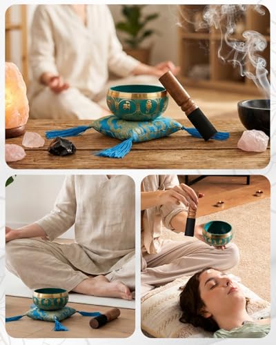 Hihealer Singing Bowl, Authentic Tibetan Sound Bowl for Yoga - color: Blue(Lotus)