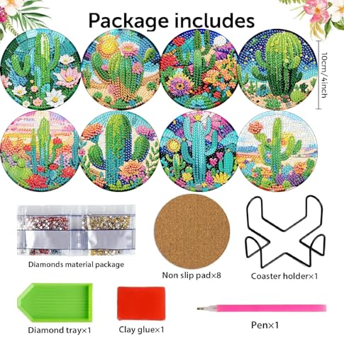 Mrnsiet 8PCS Diamond Art Coasters with Holder, DIY Cactus Diamond Painting Coasters Kits for Adults, Non Slip Cactus Mosaic Dot Painting Coaster Gift Set for Beginners 4x4 Inch - color: BDWY354-US