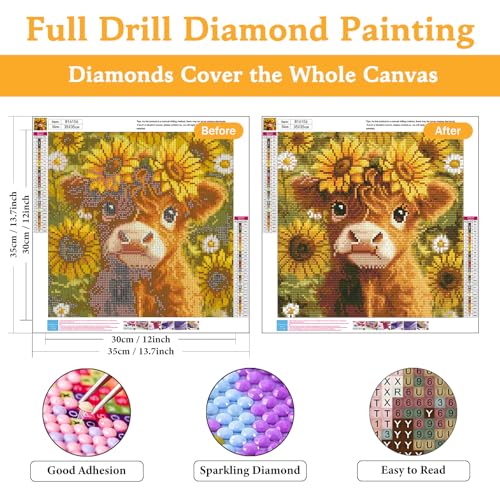 Diamond Art Kits for Adults & Beginners, Highland Cow Diamond Painting Kit | 5D Full Drill Gem Art with Sunflower, Round Diamond Dots, Home Wall Decor & Gift, 14 x 14 Inch - color: HMDPUS-25405