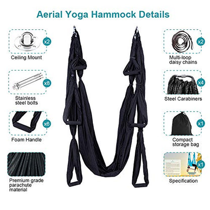 Aerial Trapeze Yoga Hammock Kit - Ultra Strong Antigravity Yoga Flying Sling Inversion Swing Tool Set - color: Black