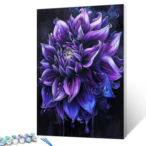 Dark Purple Dahlia Flowers Paint by Number Black Background Painting DIY Painting on Canvas with Brushes Acrylic Paints Gothic Paint by Numbers for Adults and Kids Beginner 16x20 Inch（DIY Frame） - color: Eye Flowers 01, size: 16''x20''(DIY Frame)