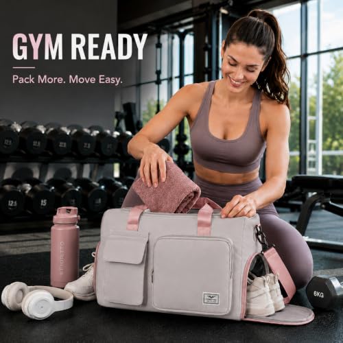 FIORETTO Women's Gym Duffle Bag with Shoes Compartment, 30L Capacity, Ideal for Travel, Gym, Sports, Duffel, Weekender - color: Grey & Pink, style: Gym Bag