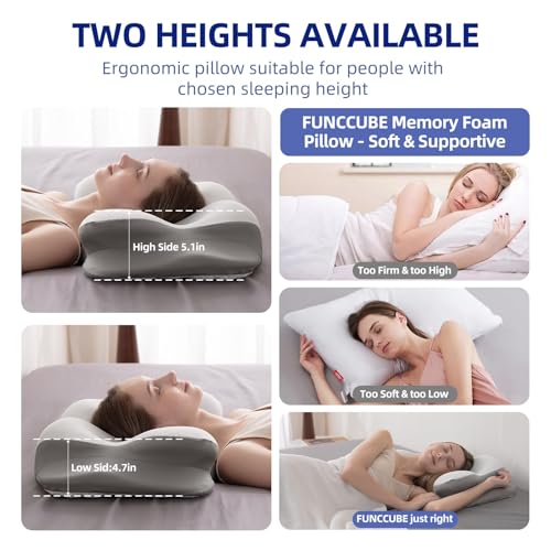 FUNCCUBE Cervical Neck Pillow - Memory Foam Pillows for Pain Relief Sleeping with Cooling Pillowcase, Ergonomic Contour Odorless Bed Pillow for Back Side Shoulder Stomach Sleeper, Queen White