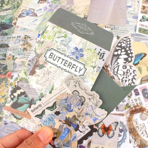 Diuhofart Scrapbook Kits for Adults Women, Aesthetic Stationery Scrap Booking Supples Kit with A6 Grid Notebook for Junk Journal Supplies, DIY Paper Craft Art Materials - color: Green Kit Butterfly