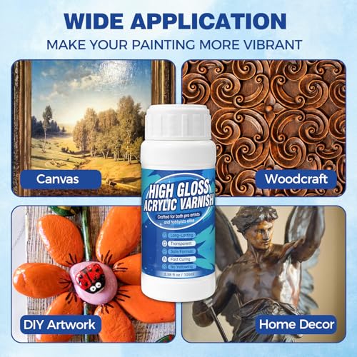 Gloss Varnish for Acrylic Painting, Acrylic Varnish, Non-Yellowing, Anti-Crazing, Non-Toxic, Clear Acrylic Sealer, Superior Protection and High Gloss Finish for Artwork, Acrylics Paint (Clear)