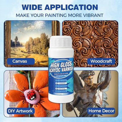 Gloss Varnish for Acrylic Painting, Acrylic Varnish, Non-Yellowing, Anti-Crazing, Non-Toxic, Clear Acrylic Sealer, Superior Protection and High Gloss Finish for Artwork, Acrylics Paint (Clear)