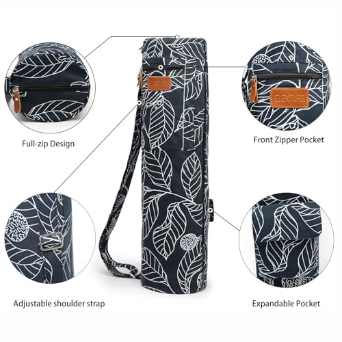 Yoga Mat Bag for Women & Men, Full-Zip Canvas Pilates Bag with Pockets | Lightweight Yoga Mat Carrier with Adjustable Shoulder Strap, Fits 1/4 & 1/3 Inch Thick Mats, for Studio Gym Travel Workout - color: Navy Blue Leaf