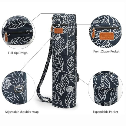 Yoga Mat Bag for Women & Men, Full-Zip Canvas Pilates Bag with Pockets | Lightweight Yoga Mat Carrier with Adjustable Shoulder Strap, Fits 1/4 & 1/3 Inch Thick Mats, for Studio Gym Travel Workout - color: Navy Blue Leaf