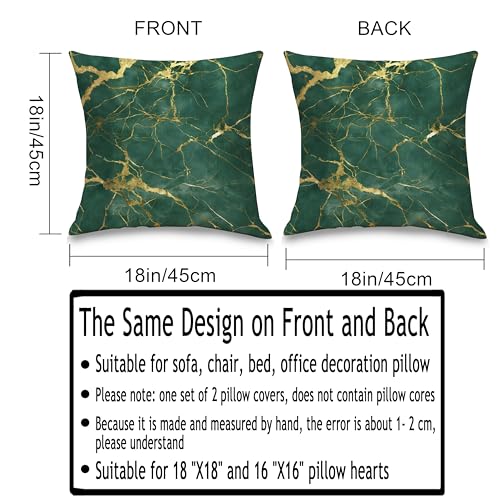 Emerald Green and Gold Marble Throw Pillow Covers 18x18 inches Set of 2, Luxury Modern Decorative Cushion Covers for Couch Sofa Living Room Bed, Soft Velvet Texture Double-Sided Print Home Decor - color: Emerald Green047