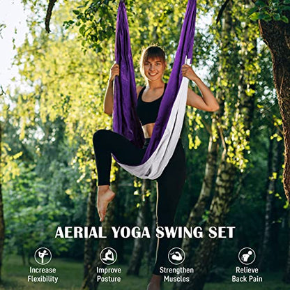 ZELUS Aerial Yoga Swing Sling Strong Yoga Hammock Kit Set Trapeze Inversion Equipment Include 2 Extensions Straps and Ceiling Mounting Kit - color: Purple