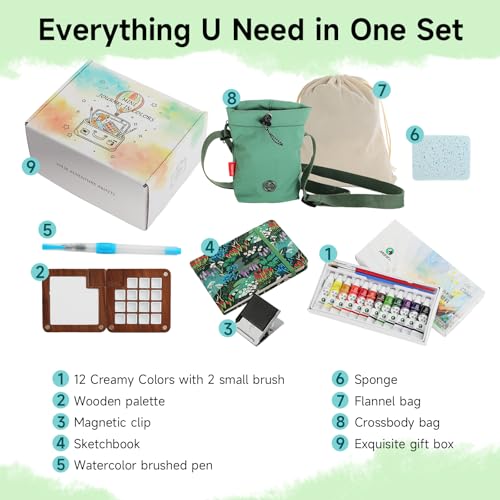 Mini Wooden Watercolor Paint Set, All-in-One Pocket Travel Art Kit: 15-Grid Palette, 12-Color Pigment, Brushes, Sketchbook, Clip, Sponge & Bags- Art Supplies Gift for Beginners & Artists DMCK004 - color: Botanical Green