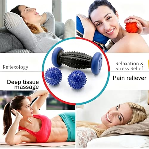 3 in 1 Foot Roller for Plantar Fasciitis Pain Relief – Deep Tissue Foot Massage Kit for Arch & Heel Pain, Includes Lacrosse & Spiky Massage Ball