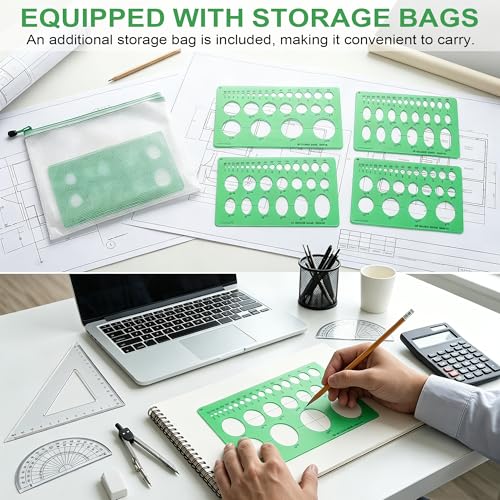 15 PCS Circle Template Set Plastic Circle and Oval Measuring Templates Series Ellipse Template for Students Professionals Precise Drafting with Storage Bag
