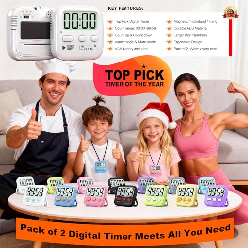 Antonki 2 Pack Digital Timer for Kids Classroom Kitchen Timers for Cooking | w/ Battery, Easy to View, Alarm, Mute Mode, Count Down/Up, Magnetic, Kickstand, Hanging, Classroom Timer for Teacher Supplies - color: Pure White *2