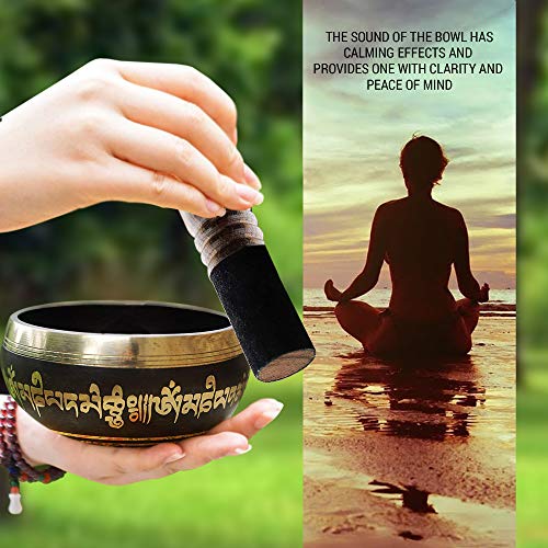 Tibetan Singing Bowl Set Bronze - Master Healing Grade - With Tibetan Thangka Art - Pure Tone By HIMALAYAN BAZAAR (Black & Yellow) - color: Black - Yellow
