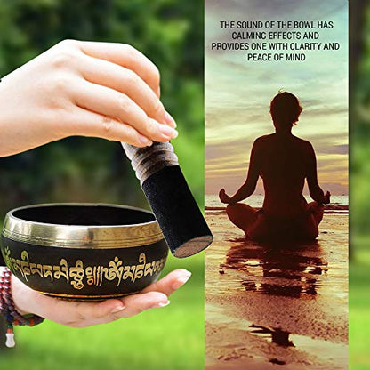 Tibetan Singing Bowl Set Bronze - Master Healing Grade - With Tibetan Thangka Art - Pure Tone By HIMALAYAN BAZAAR (Black & Yellow) - color: Black - Yellow