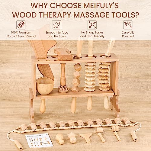 Meifuly 13 in 1 Wood Therapy Massage Tools with Luxury Storage Shelf, Complete Maderotherapia Wooden Massager Kit for Body Shaping, Lymphatic Drainage, Muscle Pain Relief, Anti-Cellulite