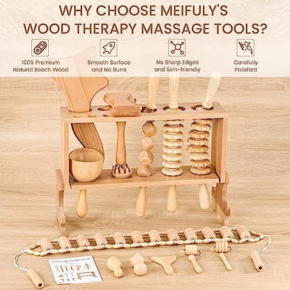 Meifuly 13 in 1 Wood Therapy Massage Tools with Luxury Storage Shelf, Complete Maderotherapia Wooden Massager Kit for Body Shaping, Lymphatic Drainage, Muscle Pain Relief, Anti-Cellulite