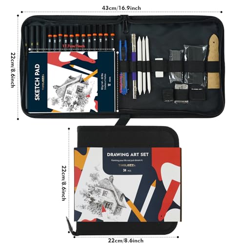 Tavolozza Drawing Art Pencils Set, 34 Pack Professional Drawing and Sketch Pencil Set in Soft-Sided Art Portfolio Storage Bags for Kids, Teens and Adults. - size: 34 Piece Set