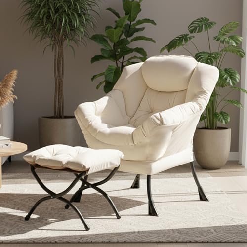 Tiita Lazy Chair with Ottoman, Modern Large Accent Lounge Chairs, Leisure Sofa Armchair with Ottoman, Reading Chair with Footrest for Bedroom, Living Room, Dorm Rooms, Garden | Foldable Footrest, Padded Seat and Backrest, Side Pocket for Lounging in Livin