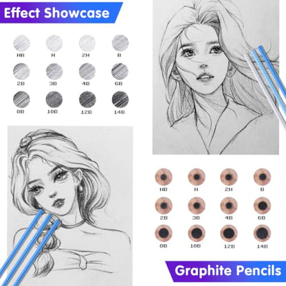 12 Graphite Pencils Professional Sketching Drawing Set,No Duplicates | 14B(soft) to H(hard),Charcoal Pencils,Art Supplies for Sketching Shading Blending, Gifts for Artists Adults Beginners - color: Black