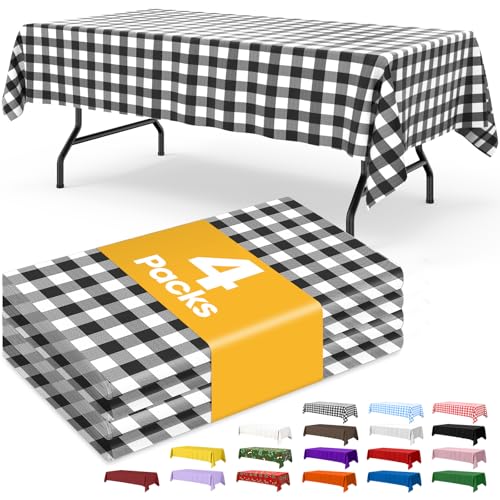 Niuara Black Checkered Plastic Table Cloth Disposable, 4 Pack, 54 x 108 in | Rectangle, 6 ft Tables, Party Picnic Gathering - color: Black Checkered, size: 54" x 108" - 4 Packs