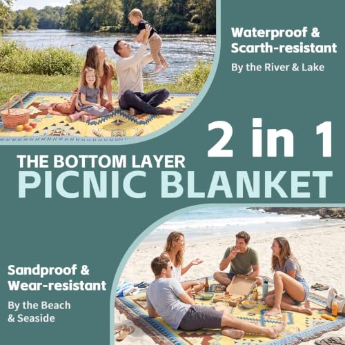 RYCHIC 2 in 1 Extra Large Camping Blanket Outdoor Rug Picnic Yoga Mat Lightweight Car Essential Roadtrip Gadget Rv Accessories Glamping Gear Must Haves Hiking Backpacking Necessities Women Beach Gift - color: Boho Yellow