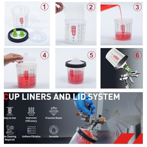 Disposable Paint Cups for Spray Gun,Mixing Cups 6 Ounce (175ml) Kit with 25 Liners and Lids with Strainer System for HVLP&LVLP,1 Hard Cup with Retainer Ring,10 Plugs,3 Caps,1 Wash Bottle - size: 6 oz (Mini)-25Pack