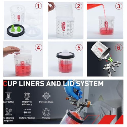 Disposable Paint Cups for Spray Gun,Mixing Cups 6 Ounce (175ml) Kit with 25 Liners and Lids with Strainer System for HVLP&LVLP,1 Hard Cup with Retainer Ring,10 Plugs,3 Caps,1 Wash Bottle - size: 6 oz (Mini)-25Pack