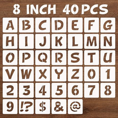 BAMIDELE 8 Inch Letter and Number Stencils, 40 Pcs Reusable Plastic Alphabet Spray Paint Stencils for Painting on Wood, Wall, Fabric, Rock, Chalkboard, Door Porch, Signage, DIY Craft Decoration - size: 8 Inch
