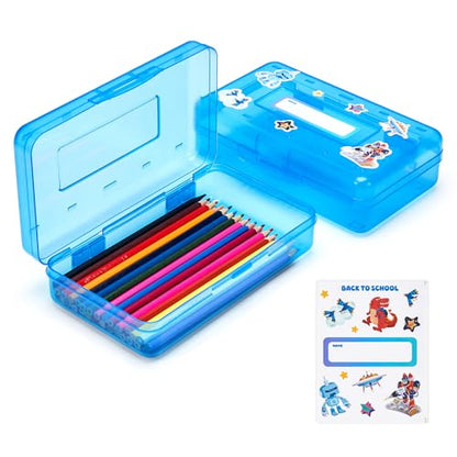 GAMENOTE Plastic Pencil Box with Personalized Sticker, Large Capacity, Blue | Kid Large Hard Pencil Case with Snap-tight Lid, Small Art Craft Storage Containers, School Supply Box for Boys, Girls - color: Blue