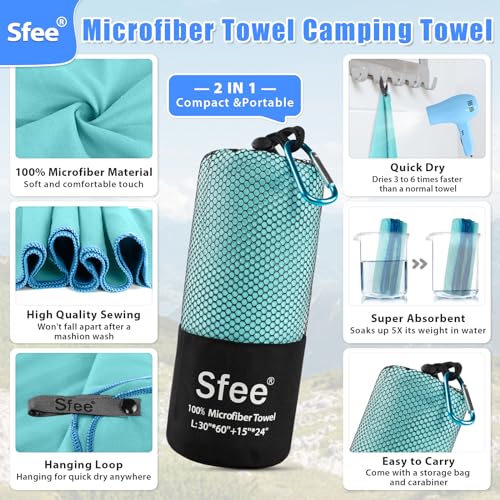 Sfee 2 Pack Microfiber Travel Towel, Quick Dry Towel Camping Towel Super Absorbent Compact Lightweight Sports Gym Towel Beach Towels Set for Gym, Hiking, Pool, Backpacking, Bath, Yoga - color: Mint, size: M 48"x21"+24"x15"