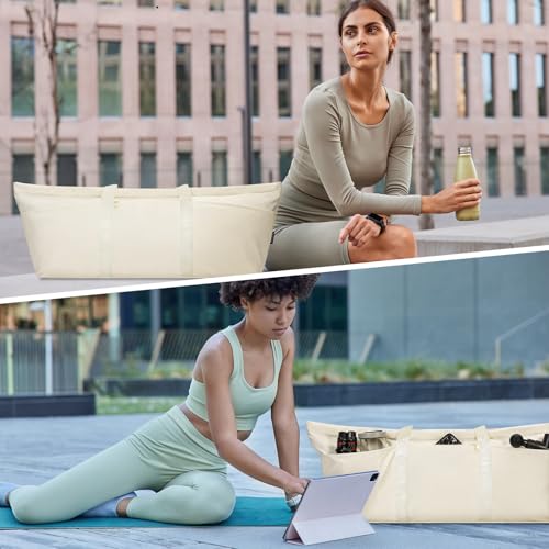 sportsnew Large Yoga Mat Bag Trolley Sleeve Gym Carrier Shoe Bag Wet Pocket | water-resistant fabric, large capacity,wide full-zip opening,separate shoe bag,2 yoga mat holder straps,multi-pocket storage - color: Beige