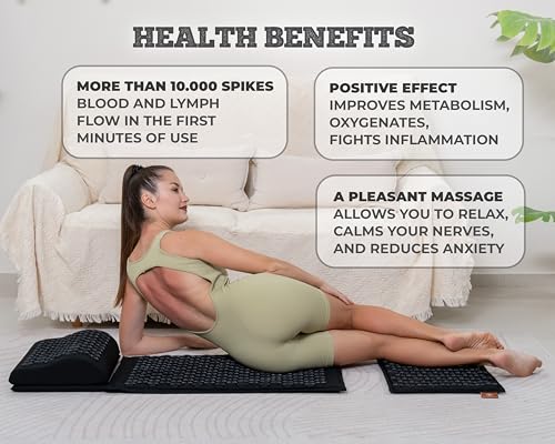 BalanceMate® Acupressure Mat Set with 6,210 Pressure Points for Pain Relief and Relaxation Kit for Back, Neck, and Sleep – Yoga and Meditation Pillow (Deep Black) - color: Deep Black