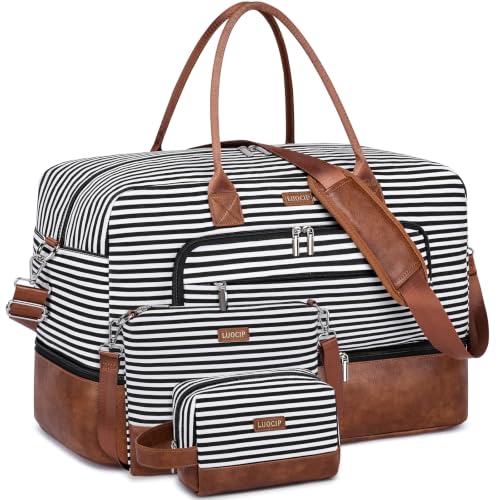 Large Women Travel Weekender Bag: Carry on Duffle with Shoe Compartment | Overnight Duffel Bags with Wet Pocket, Crossbody & Toiletry Bag, 3PCS Womens Traveling Tote Set for Hospital Gym Weekend Trip - color: 01 Black Striped