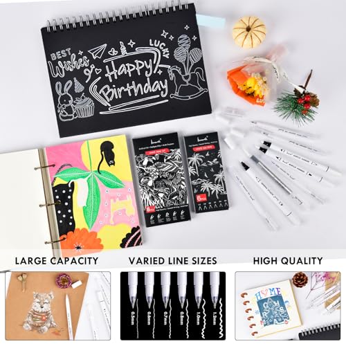 Brusarth White Gel Pens, 6 Sizes Fine Point Opaque Archival Ink Pens | Opaque White Archival Ink Pens for Black Paper Drawing, Sketching, Illustration, Bullet Journaling