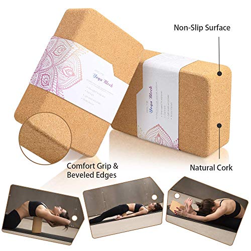 2 Pack Cork Yoga Blocks with Yoga Strap Set - 4 x 6 x 9 inch