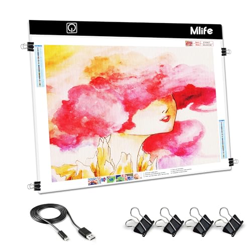Mlife A2 LED Light Pad for Diamond Art Painting Light Board with 3 Brightness, Tracing Light Board with USB Cable & 4 Fasten Clips for Sketching, Animation, Drawing, Diamond Art Painting Supplies - style: A2