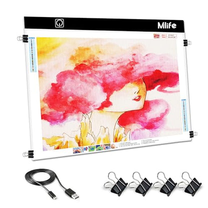 Mlife A2 LED Light Pad for Diamond Art Painting Light Board with 3 Brightness, Tracing Light Board with USB Cable & 4 Fasten Clips for Sketching, Animation, Drawing, Diamond Art Painting Supplies - style: A2