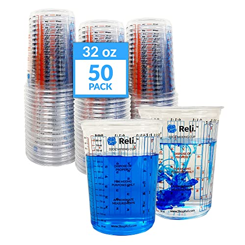 Reli. Paint Mixing Cup (50 Pcs) 32 oz (1 quart) | Disposable Measuring Cups | Clear Plastic Mixing Cup | Use for Paint, Epoxy, Resin, Pigments (32oz)