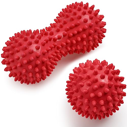 URAQT Spiky Massage Ball Set, 2 Pack Physical Therapy Massage Balls, Hard Lacrosse Ball & Spiky Massage Ball for Myofascial Release and Trigger Point Deep Tissue Massage (Red) - color: 2pcs-red