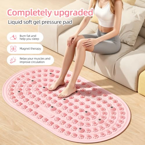 Reflexology Foot Massage Mat Acupressure Magnetic Walk Stone Pad Portable Foldable Feet Pressure Point Massager for Plantar Fasciitis Relief Home Office Pain Relief for Men Women(Pink)