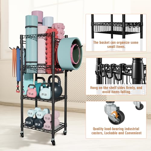 FUTASSI Home Gym Storage, 3 Tiers Workout Equipment Organizer with Wheels for Yoga Mats, Foam Roller, Dumbbells, Kettlebells, and Resistance Bands - color: Black, size: Single-Row