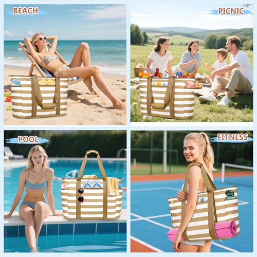Extra Large Beach Bags for Women, Waterproof Sandproof Beach Tote Bag Foldable Swim Pool Bag with Zipper and Wet Pocket - color: Brown White