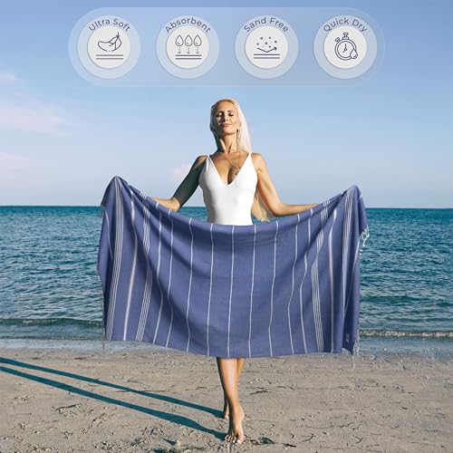 Ossano Turkish Beach Towel Compact & Lightweight Extra Large (39" x 71") - Quick Dry, Versatile and Functional as Picnic, Travel and Yoga Blanket, Pool, Shower, Cruise and Gym Towel - Royal Blue - color: Royal Blue