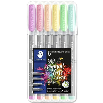 STAEDTLER 371 Pigment Brush Pens | Pigment Arts Adult Fibre-Tip Colouring Pen | Ideal for Calligraphy, Brush Lettering, Drawing, Illustrations (Wallet of 6, Pastel Set)